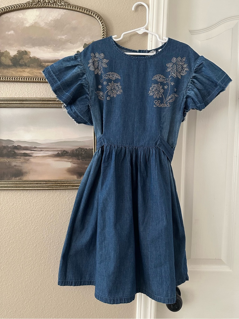Guess Girls Blue Denim Dress with Rhinestone Floral Accents